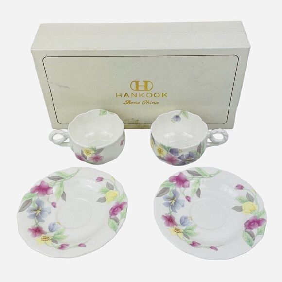 Hankook Bone China England Original Tech Teacup Saucers 2 Sets Korea NIB Floral - Picture 1 of 16